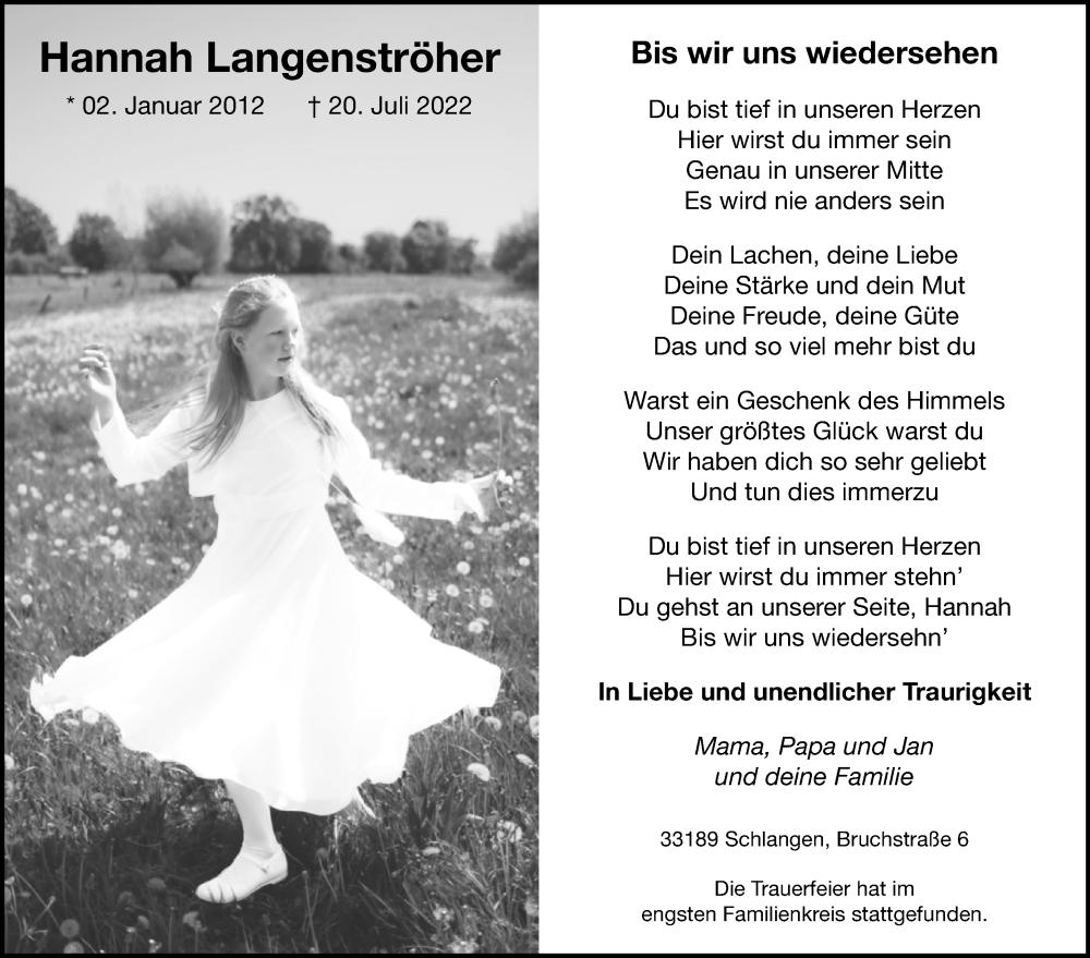  Traueranzeige für Hannah Langenströher vom 30.07.2022 aus Westfalen-Blatt