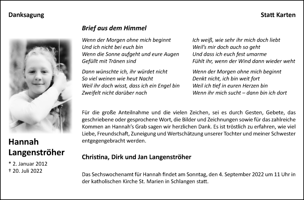  Traueranzeige für Hannah Langenströher vom 27.08.2022 aus Westfalen-Blatt