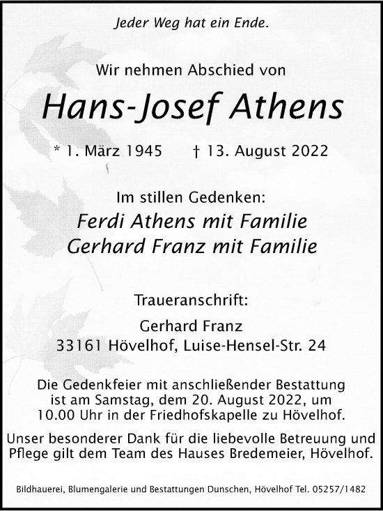 Traueranzeige von Hans-Josef Athens von Westfalen-Blatt