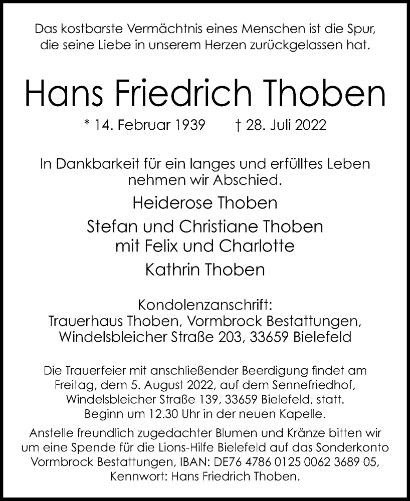  Traueranzeige für Hans Friedrich Thoben vom 03.08.2022 aus Westfalen-Blatt