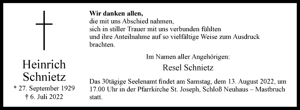  Traueranzeige für Heinrich Schnietz vom 06.08.2022 aus Westfalen-Blatt