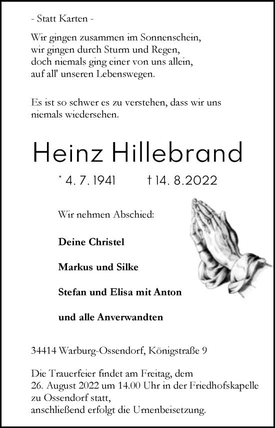 Traueranzeige von Heinz Hillebrand von Westfalen-Blatt