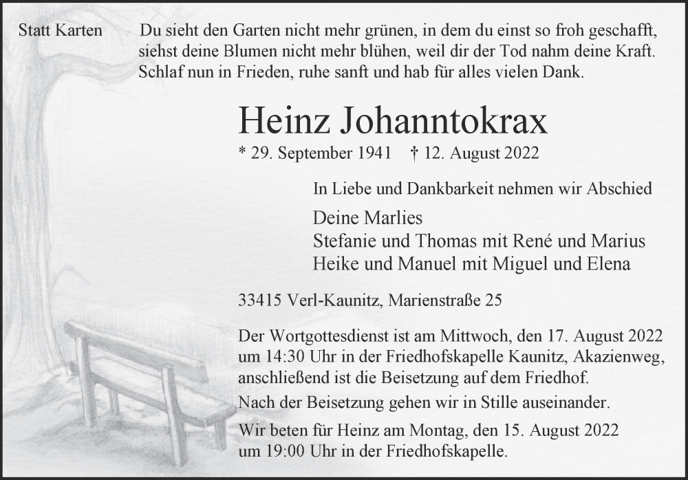  Traueranzeige für Heinz Johanntokrax vom 13.08.2022 aus Westfalen-Blatt