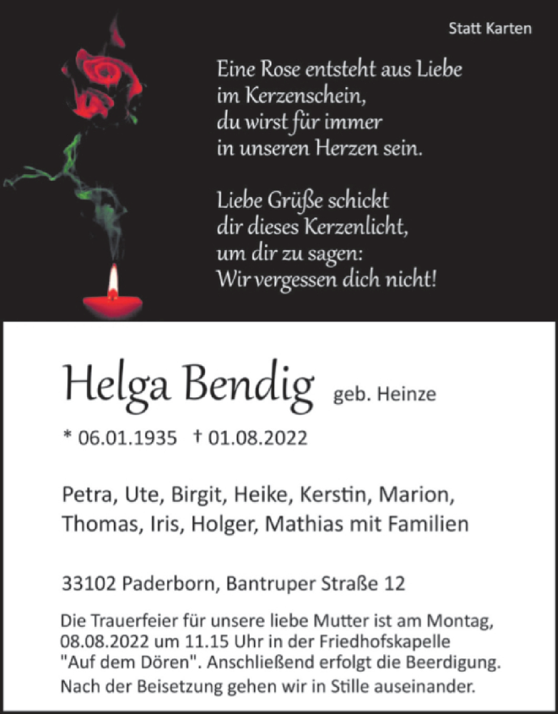  Traueranzeige für Helga Bendig vom 04.08.2022 aus Westfalen-Blatt