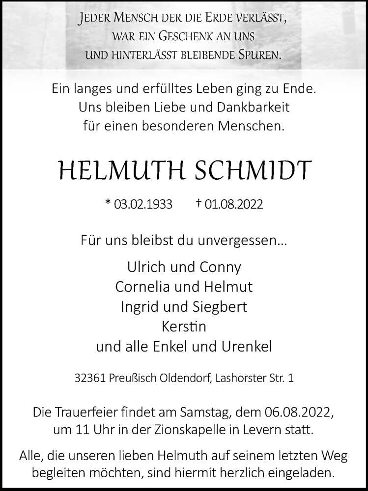  Traueranzeige für Helmut Schmidt vom 04.08.2022 aus Westfalen-Blatt