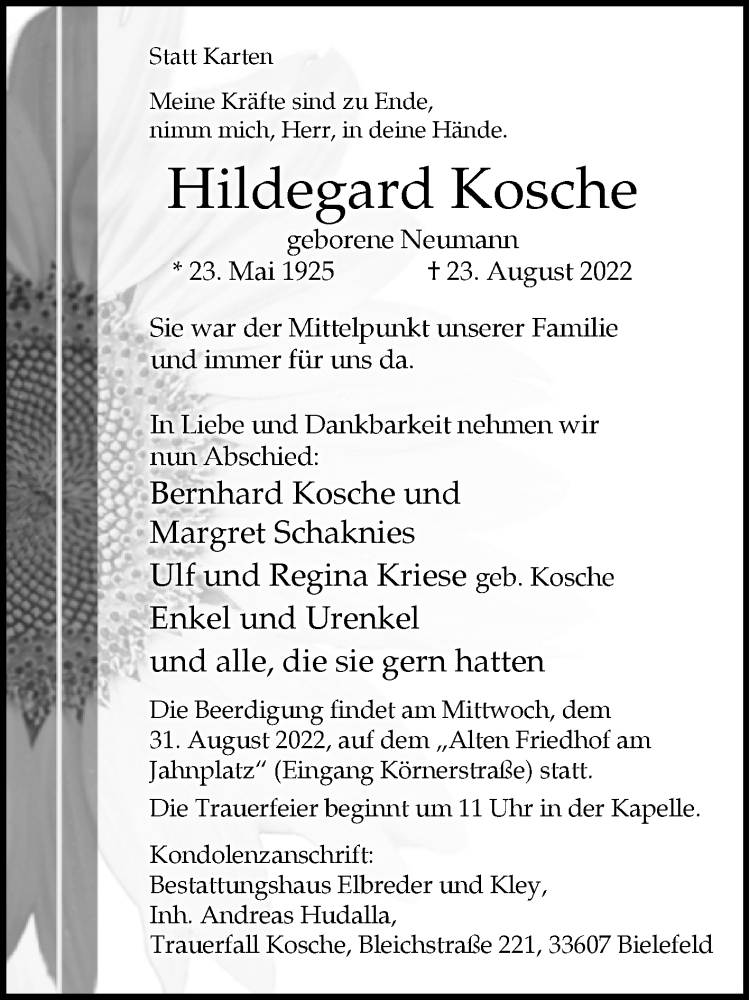  Traueranzeige für Hildegard Kosche vom 27.08.2022 aus Westfalen-Blatt