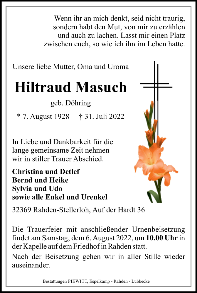  Traueranzeige für Hiltraud Masuch vom 02.08.2022 aus Westfalen-Blatt