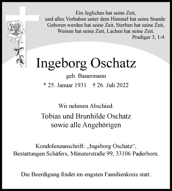 Traueranzeige von Ingeborg Oschatz von Westfalen-Blatt