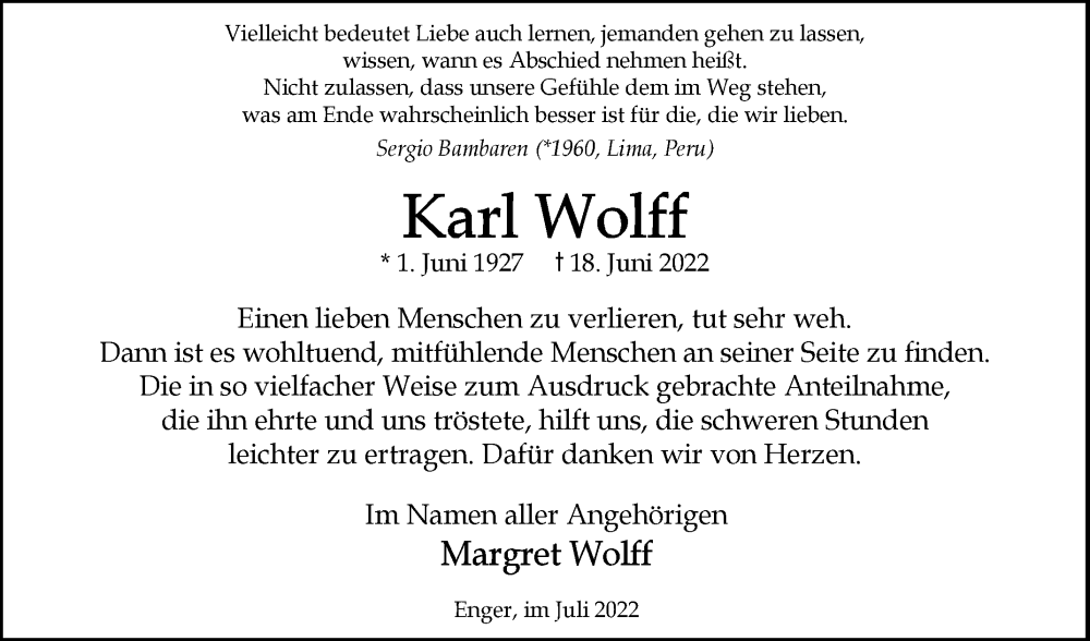  Traueranzeige für Karl Wolff vom 30.07.2022 aus Westfalen-Blatt