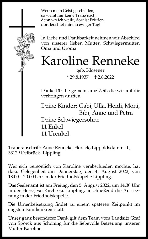  Traueranzeige für Karoline Renneke vom 04.08.2022 aus Westfalen-Blatt