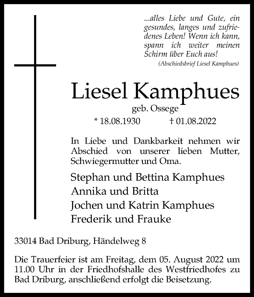  Traueranzeige für Liesel Kamphues vom 03.08.2022 aus Westfalen-Blatt