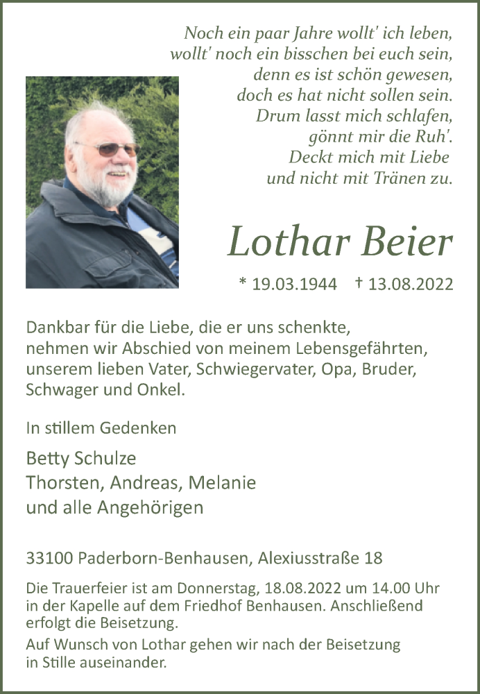  Traueranzeige für Lothar Beier vom 16.08.2022 aus Westfalen-Blatt