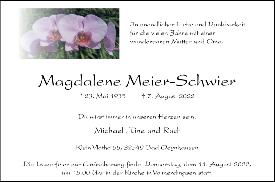 Traueranzeige von Magdalene Meier-Schwier von Westfalen-Blatt