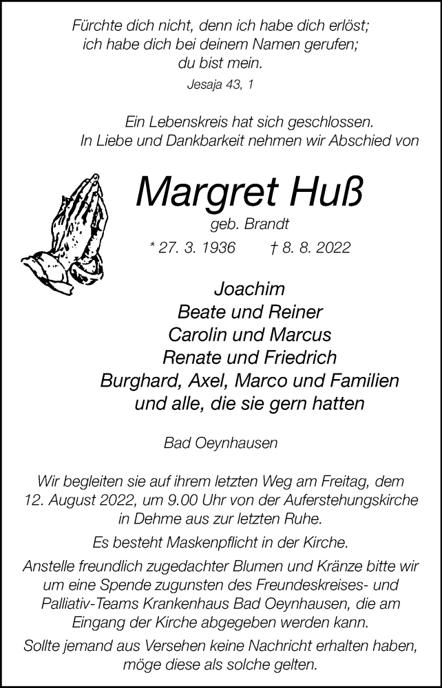  Traueranzeige für Margret Huß vom 10.08.2022 aus Westfalen-Blatt