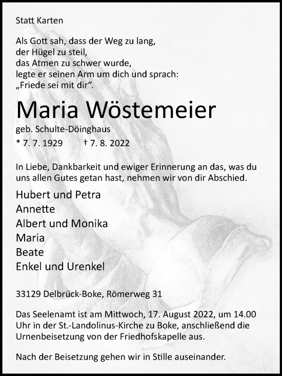 Traueranzeige von Maria Wöstemeier von Westfalen-Blatt