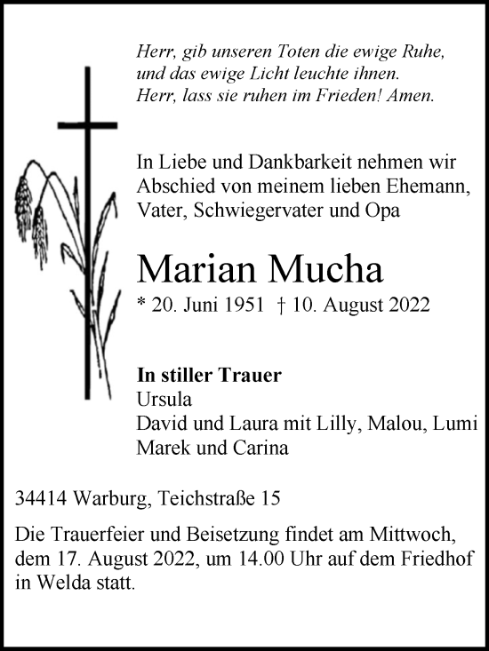 Traueranzeige von Marian Mucha von Westfalen-Blatt
