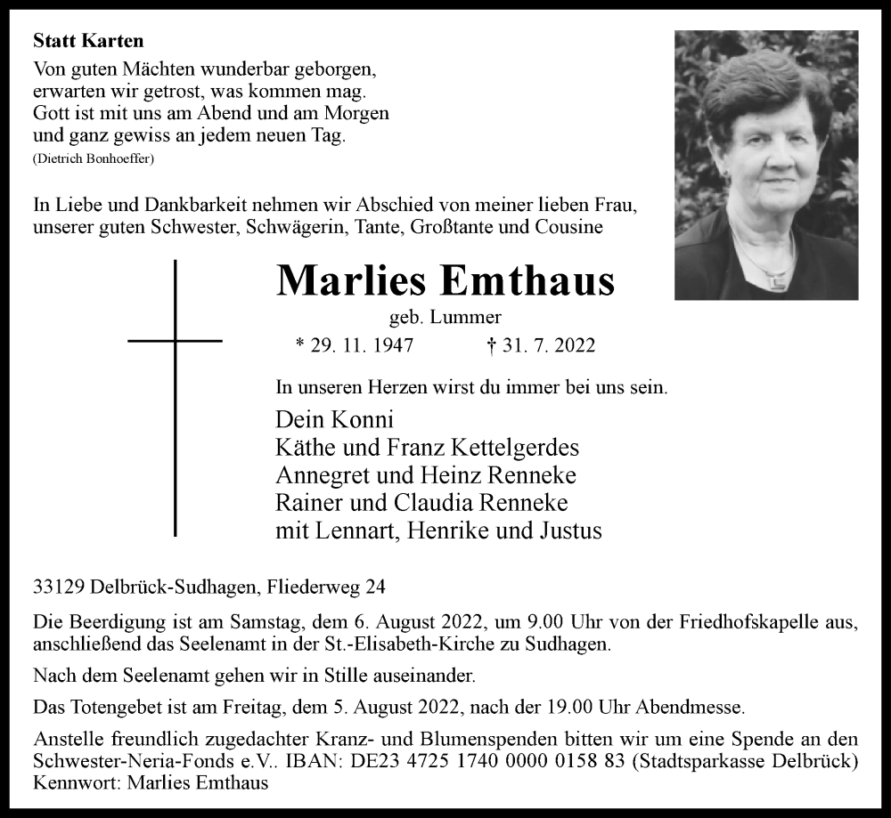  Traueranzeige für Marlies Emthaus vom 03.08.2022 aus Westfalen-Blatt