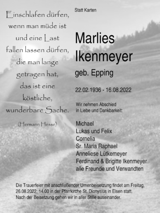 Traueranzeige von Marlies Ikenmeyer von Westfalen-Blatt