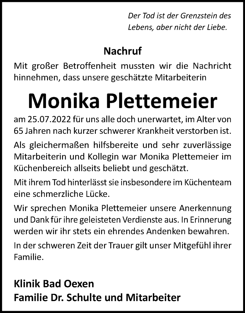  Traueranzeige für Monika Plettemeier vom 13.08.2022 aus Westfalen-Blatt