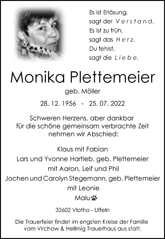 Traueranzeige von Monika Plettemeier von Westfalen-Blatt