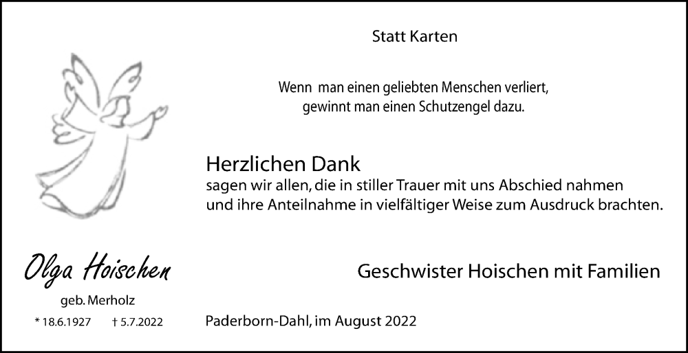  Traueranzeige für Olga Hoischen vom 06.08.2022 aus Westfalen-Blatt