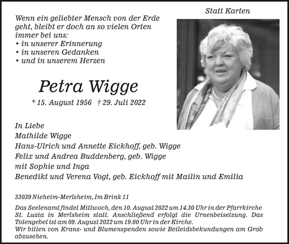  Traueranzeige für Petra Wigge vom 06.08.2022 aus Westfalen-Blatt
