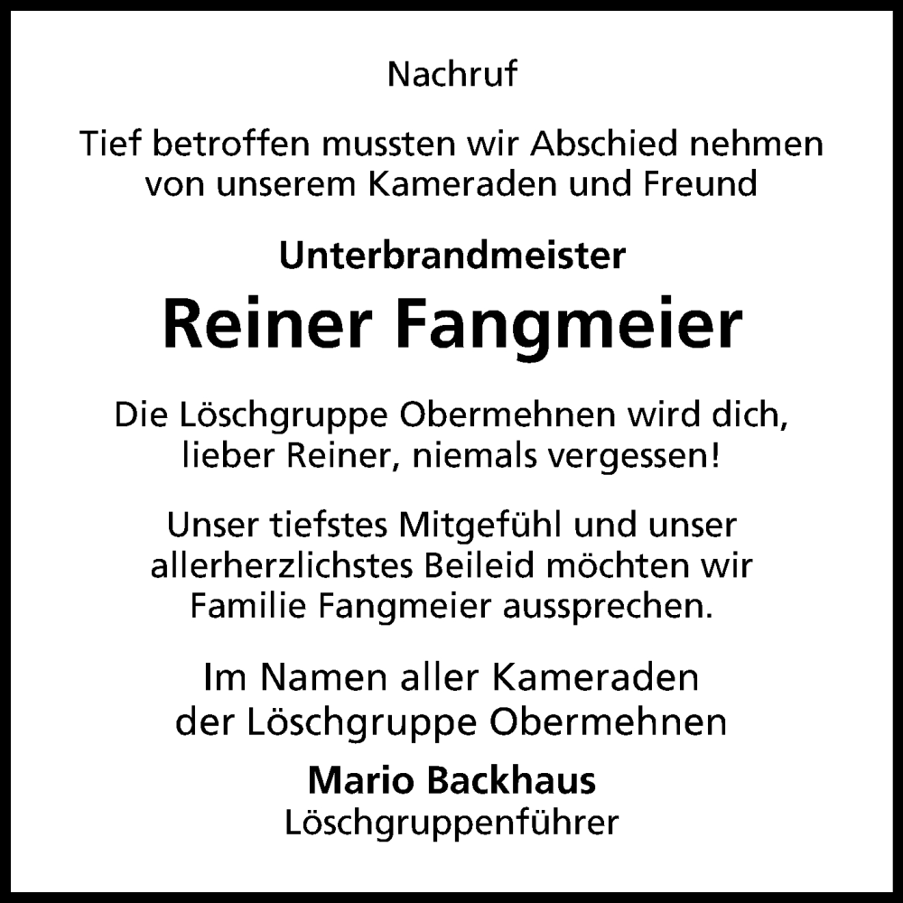  Traueranzeige für Reiner Fangmeier vom 13.08.2022 aus Westfalen-Blatt