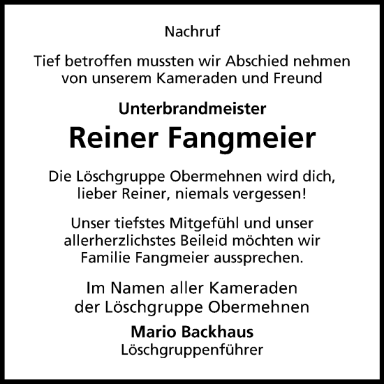 Traueranzeige von Reiner Fangmeier von Westfalen-Blatt