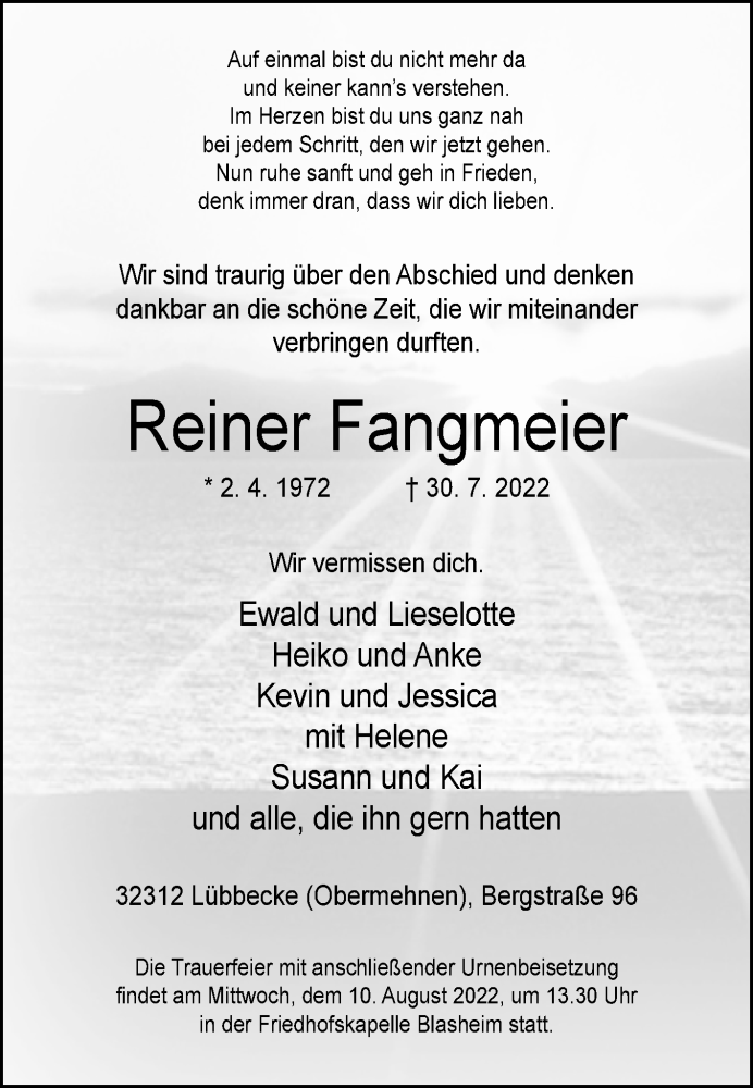  Traueranzeige für Reiner Fangmeier vom 02.08.2022 aus Westfalen-Blatt