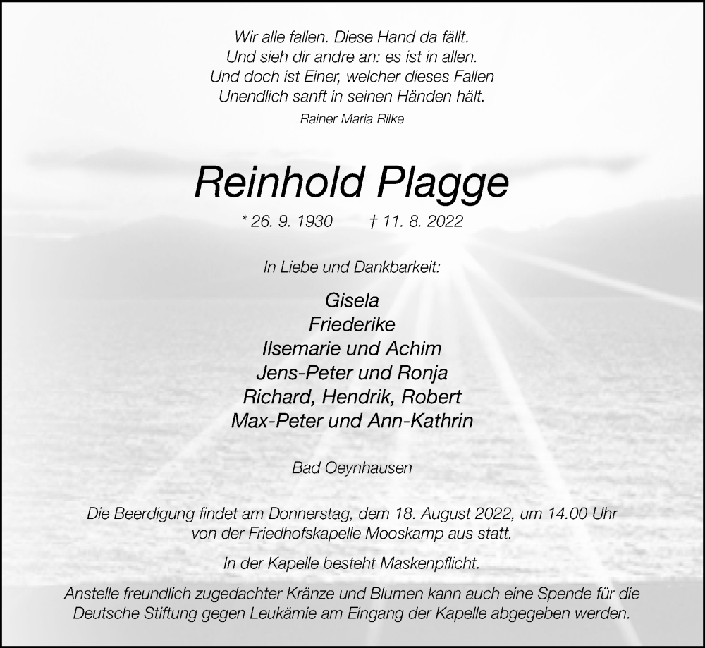  Traueranzeige für Reinhold Plagge vom 13.08.2022 aus Westfalen-Blatt