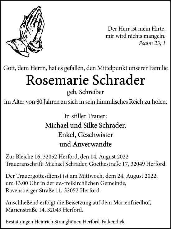 Traueranzeige von Rosemarie Schrader von Westfalen-Blatt