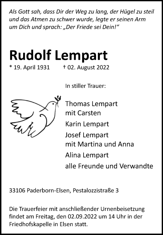 Traueranzeige von Rudolf Lempart von Westfalen-Blatt