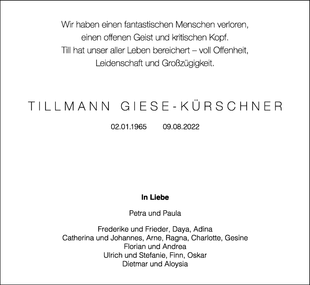  Traueranzeige für Tillmann Giese-Kürschner vom 13.08.2022 aus Westfalen-Blatt