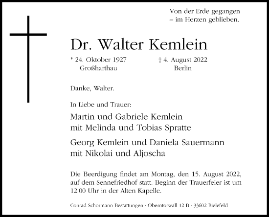 Traueranzeige von Walter Kemlein von Westfalen-Blatt