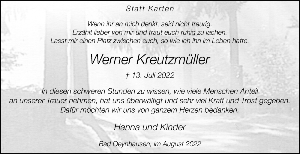  Traueranzeige für Werner Kreutzmüller vom 13.08.2022 aus Westfalen-Blatt