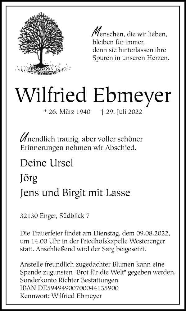  Traueranzeige für Wilfried Ebmeyer vom 06.08.2022 aus Westfalen-Blatt