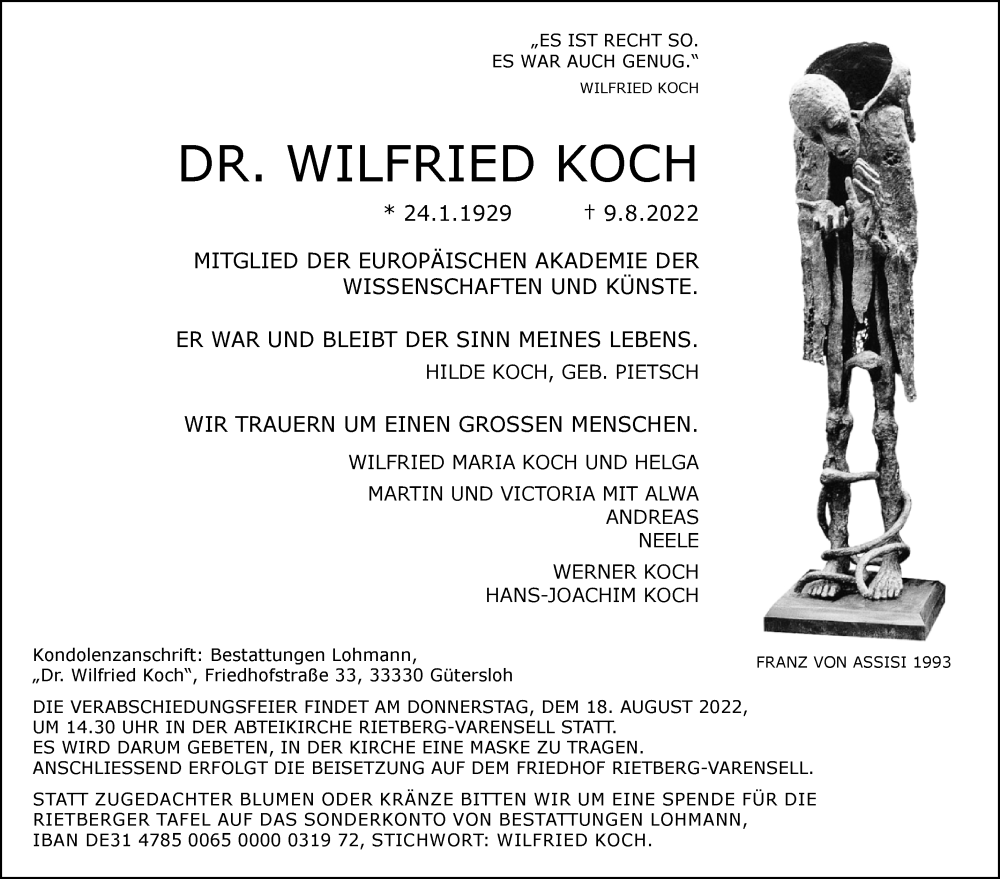  Traueranzeige für Wilfried Koch vom 16.08.2022 aus Westfalen-Blatt