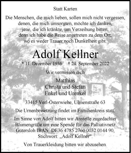 Traueranzeige von Adolf Kellner von Westfalen-Blatt