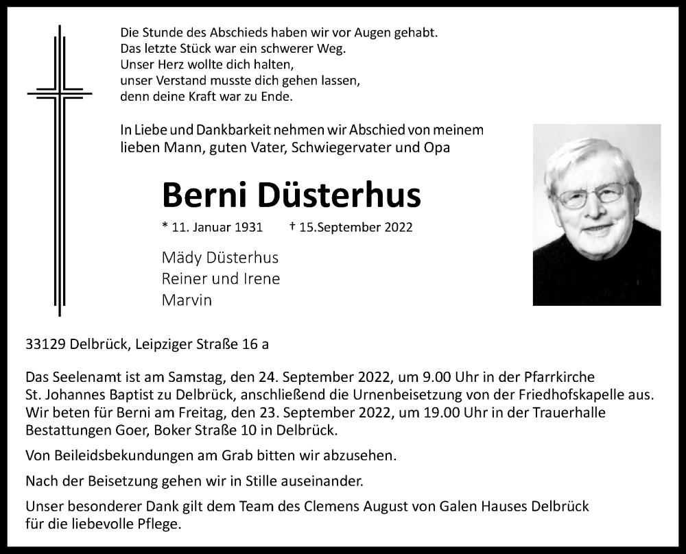  Traueranzeige für Berni Düsterhus vom 17.09.2022 aus Westfalen-Blatt