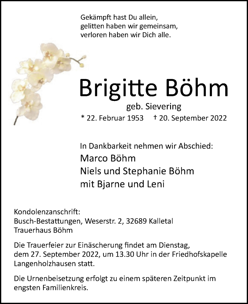  Traueranzeige für Brigitte Böhm vom 23.09.2022 aus Westfalen-Blatt