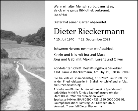 Traueranzeige von Dieter Rieckermann von Westfalen-Blatt