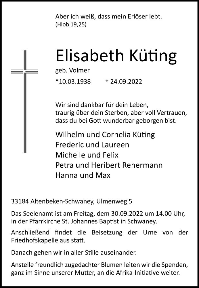  Traueranzeige für Elisabeth Küting vom 28.09.2022 aus Westfalen-Blatt