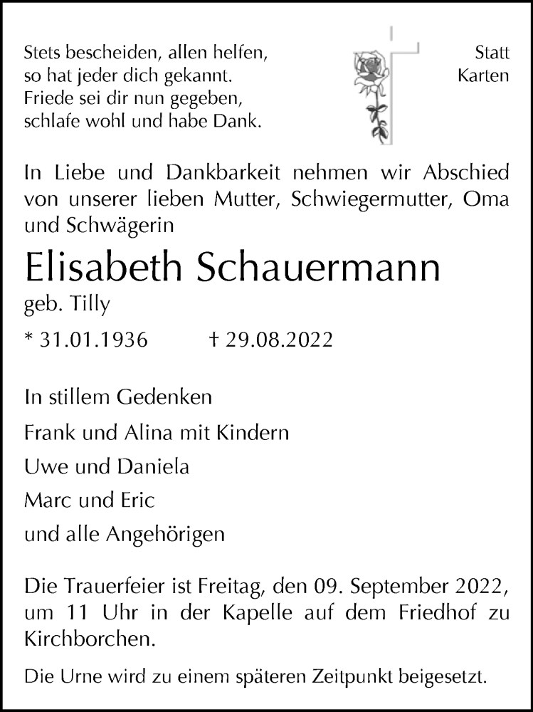  Traueranzeige für Elisabeth Schauermann vom 03.09.2022 aus Westfalen-Blatt