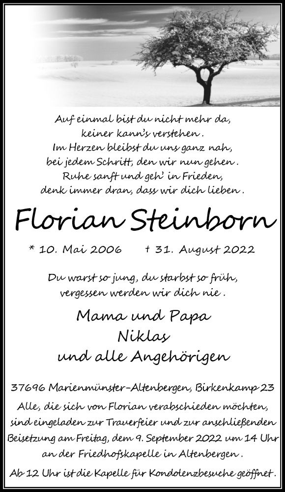  Traueranzeige für Florian Steinborn vom 07.09.2022 aus Westfalen-Blatt