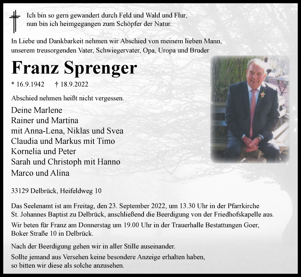  Traueranzeige für Franz Sprenger vom 21.09.2022 aus Westfalen-Blatt