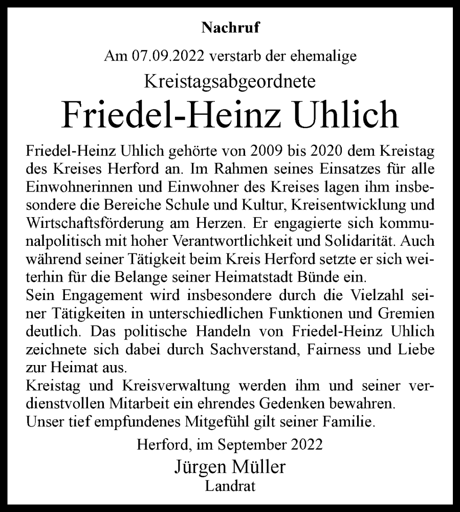  Traueranzeige für Friedel-Heinz Uhlich vom 17.09.2022 aus Westfalen-Blatt
