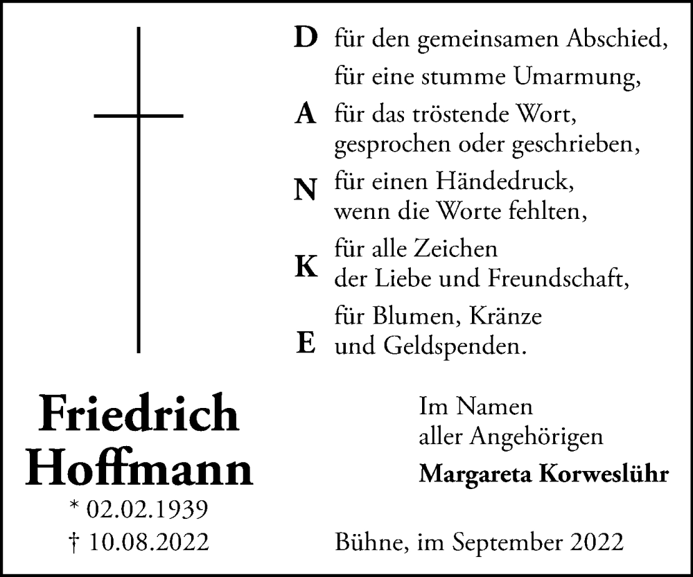  Traueranzeige für Friedrich Hoffmann vom 17.09.2022 aus Westfalen-Blatt