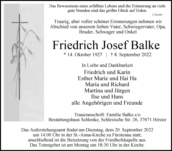 Traueranzeige von Friedrich Josef Balke von Westfalen-Blatt