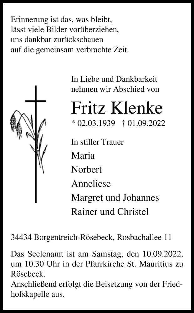  Traueranzeige für Fritz Klenke vom 07.09.2022 aus Westfalen-Blatt