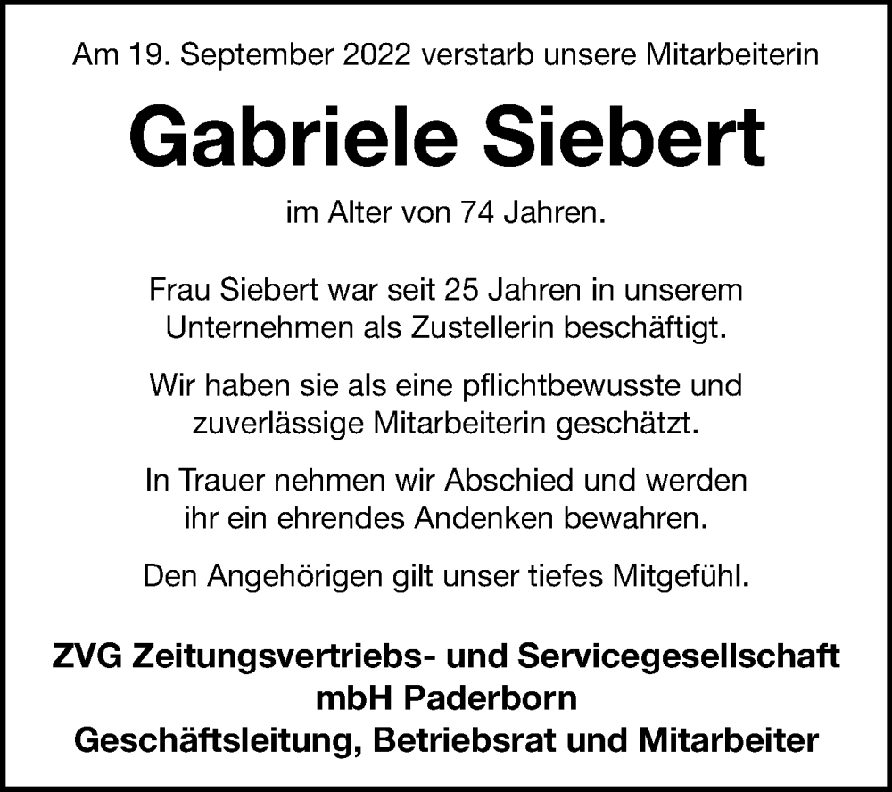  Traueranzeige für Gabriele Siebert vom 24.09.2022 aus Westfalen-Blatt